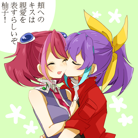 2girls, bad_id, bad_pixiv_id, blue_hair, bow, bracelet_girls, closed_eyes, hair_bow, hiiragi_yuzu, jacket, kiss, kissing_cheek, lowres, multiple_girls, necktie, pink_hair, ponytail, puruchino, serena_(yu-gi-oh!), short_twintails, siblings, sisters, sleeveless, smile, translated, twintails, yu-gi-oh!, yu-gi-oh!_arc-v, yuri