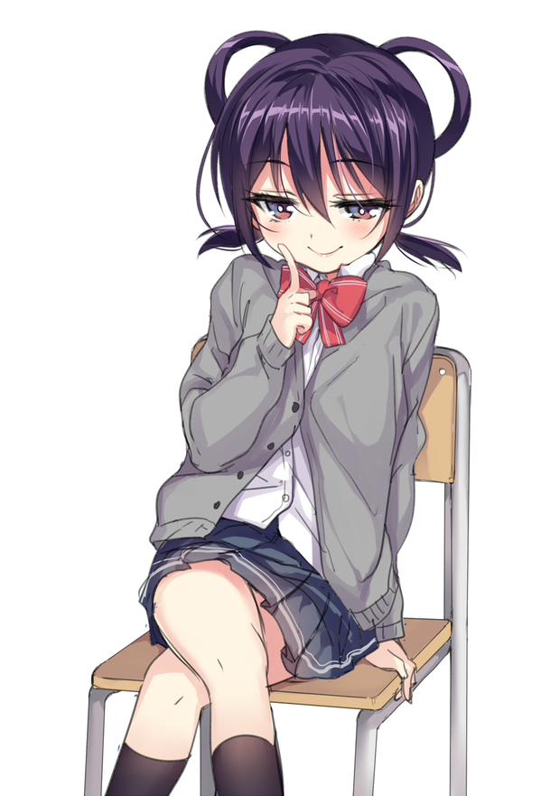 10s, 1girl, arm_support, bad_id, bad_twitter_id, black_socks, cardigan, chair