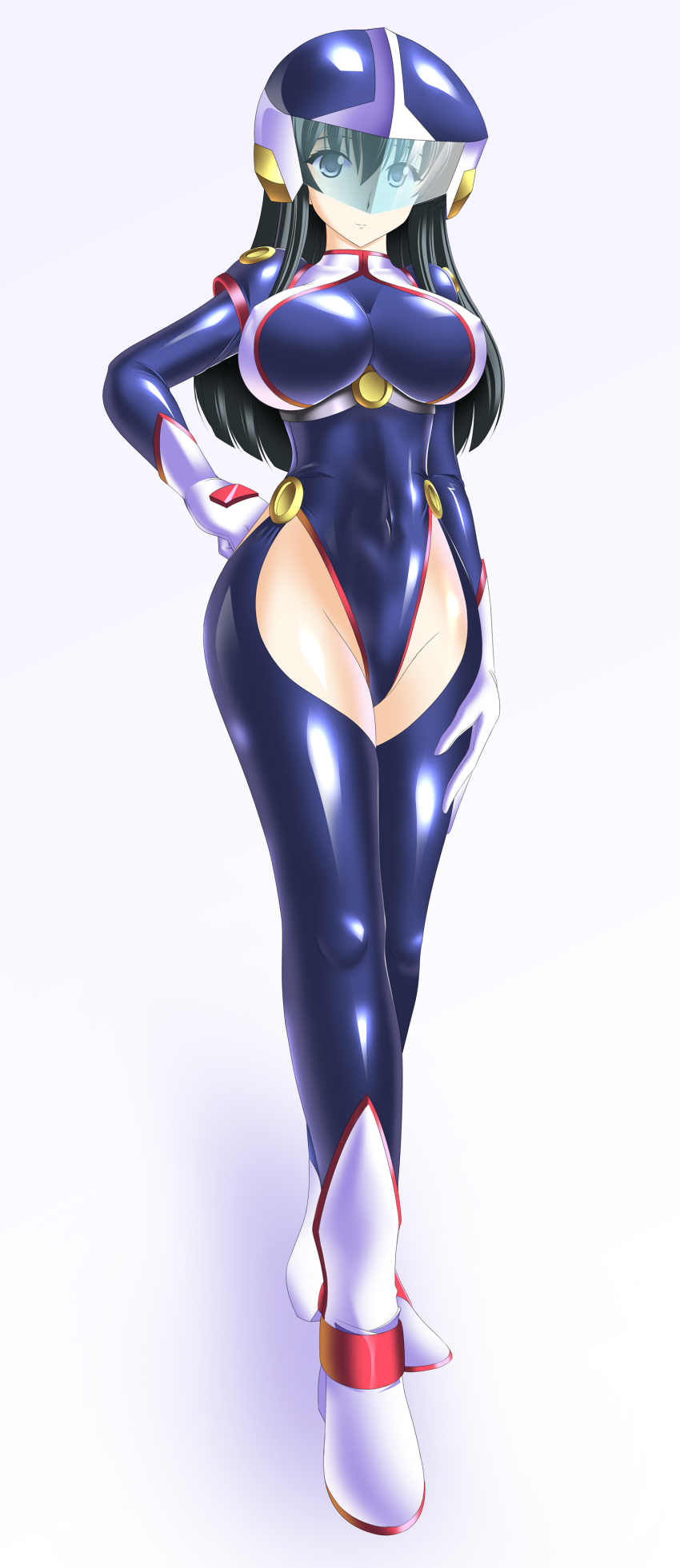 00s, 1girl, absurdres, black_eyes, black_hair, blue_leotard, blue_thighhighs, boots