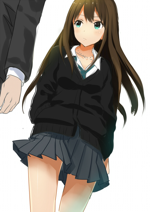 10s, 1girl, bad_id, bad_pixiv_id, brown_hair, cardigan, green_eyes, hand_in_pocket
