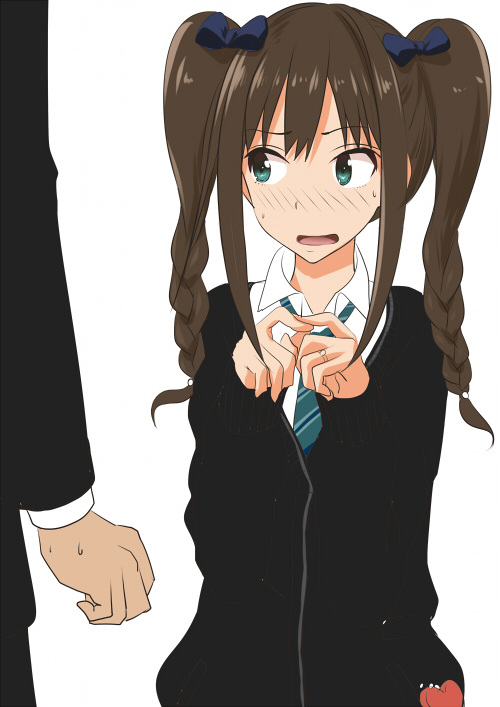 10s, 1girl, alternate_hairstyle, bad_id, bad_pixiv_id, blush, braid, brown_hair, cardigan, green_eyes, idolmaster, idolmaster_cinderella_girls, jewelry, long_hair, looking_away, necktie, o_(pixiv11118909), open_mouth, producer_(idolmaster), producer_(idolmaster_cinderella_girls_anime), ring, school_uniform, shibuya_rin, shooka, simple_background, solo_focus, twin_braids, wedding_band