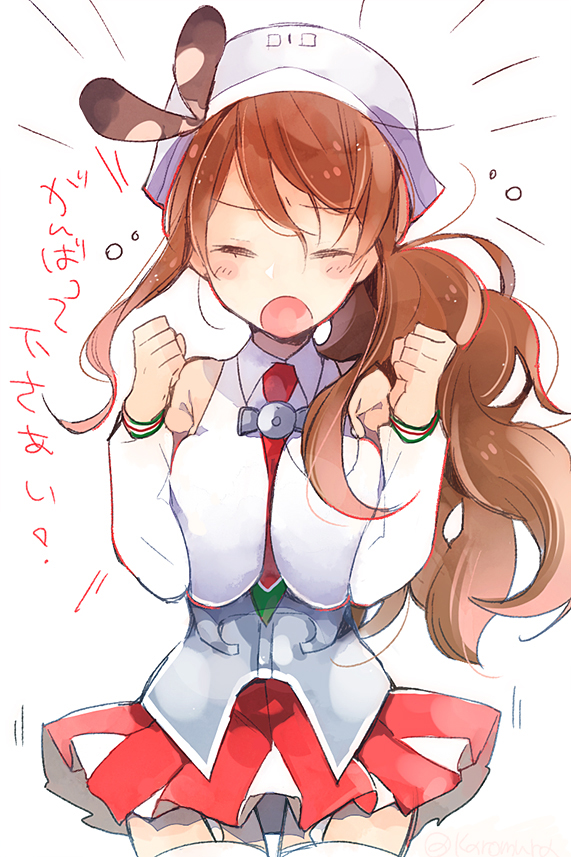 10s, 1girl, breasts, brown_hair, clenched_hands, corset, closed_eyes, female_focus