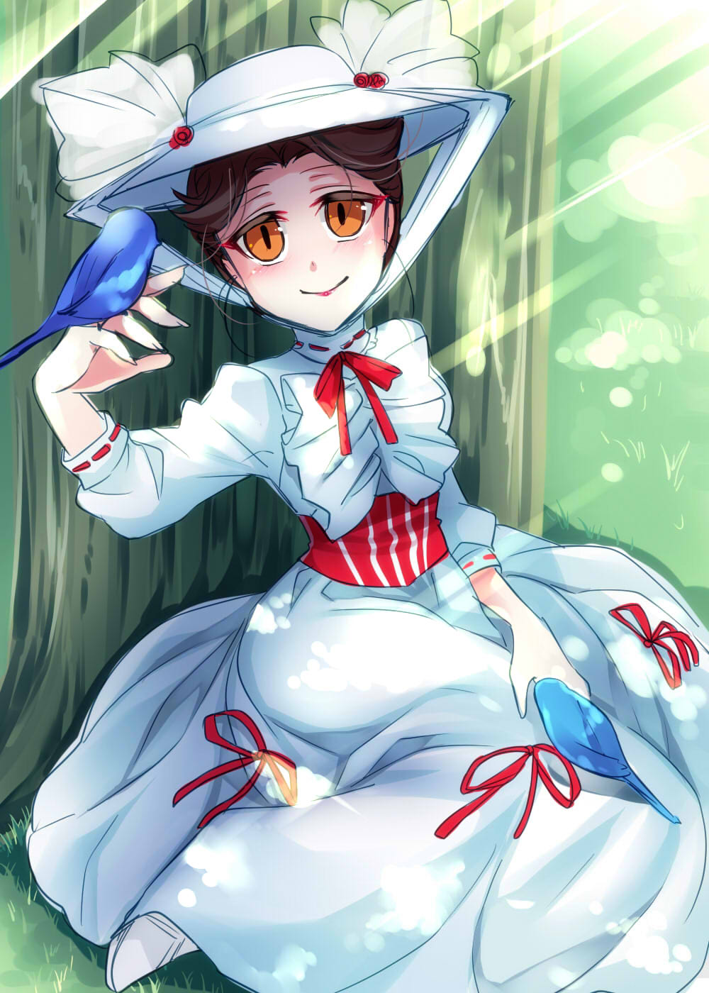 1girl, bird, brown_hair, disney, dress, female_focus, grass, hat, highres, kokuchuutei, mary_poppins, mary_poppins_(character), orange_eyes, short_hair, smile, solo, white_dress