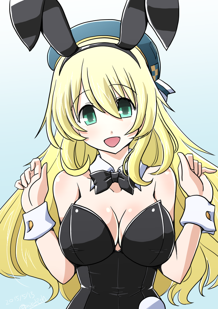 10s, 1girl, animal_ears, atago_(kancolle), bad_id, bad_pixiv_id, blonde_hair, bow, bowtie, detached_collar, fake_animal_ears, green_eyes, hat, kantai_collection, long_hair, nire_nanaki, playboy_bunny, rabbit_ears, wrist_cuffs