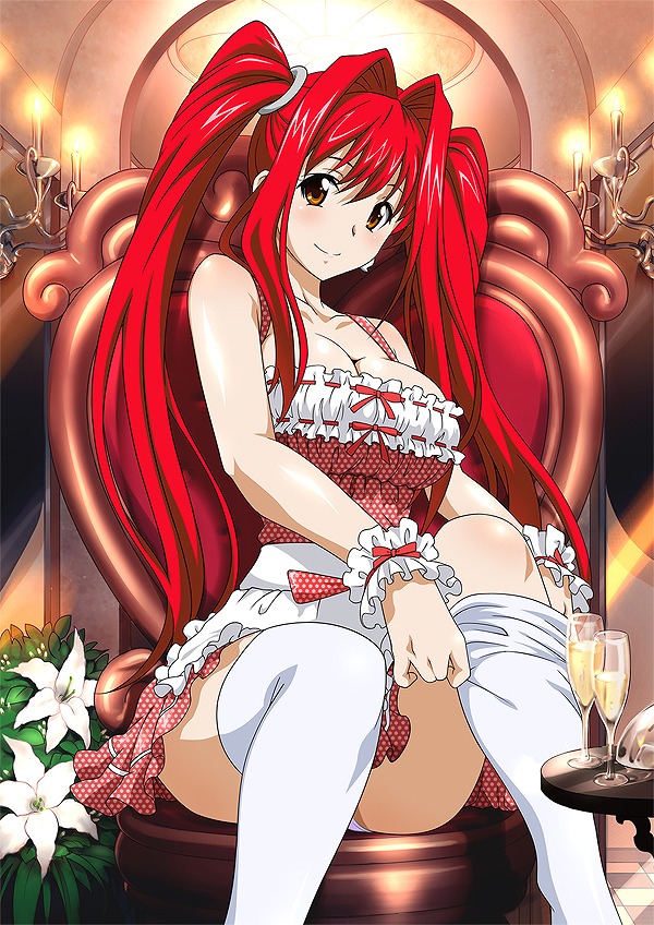 00s, 1girl, breasts, brown_eyes, cleavage, collarbone, earrings, female_focus, flower, hair_ornament, ikkitousen, indoors, jewelry, jpeg_artifacts, kanpei, large_breasts, long_hair, magatama, magatama_earrings, panties, red_hair, sitting, smile, solo, thighhighs, twintails, underwear, white_panties, white_thighhighs