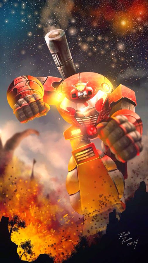 10s, 2014, alien, clenched_hands, emblem, energy_cannon, explosion, glowing, glowing_eyes, gun, karmatron_y_los_transformables, lens_flare, looking_at_viewer, mecha, motion_blur, no_humans, realistic, redesign, roberto_rendon, robot, running, science_fiction, signature, sky, smoke, smoking_barrel, star_(sky), starry_sky, titan_(karmatron), tree, weapon, zuyua