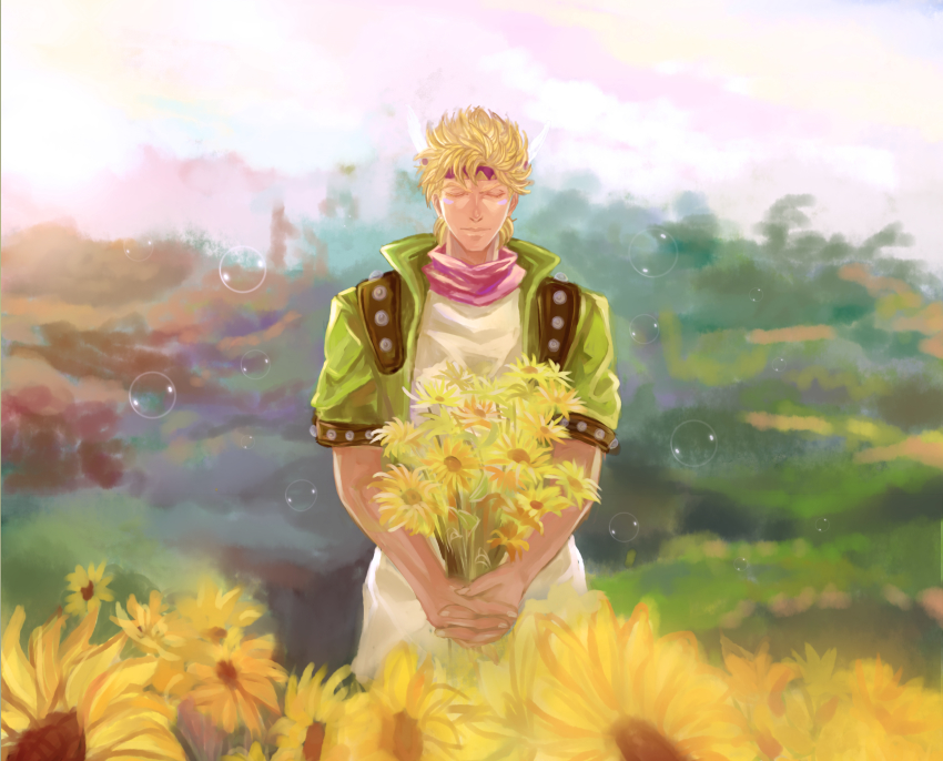 1boy, absurdres, bad_id, bad_pixiv_id, blonde_hair, bouquet, bubble, caesar_anthonio_zeppeli