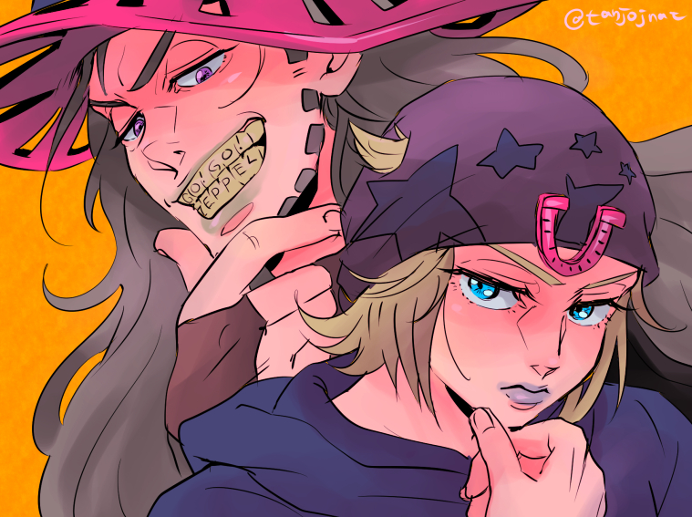 2boys, blonde_hair, grey_hair, gyro_zeppeli, hat, johnny_joestar, jojo_no_kimyou_na_bouken, lipstick