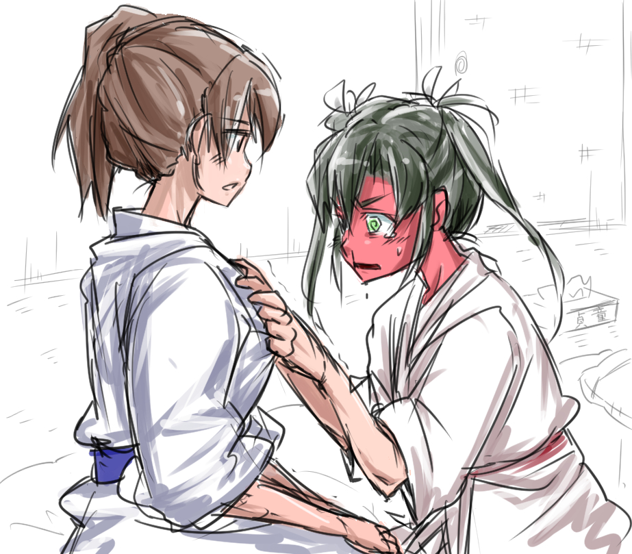 10s, 2girls, @_@, blood, blush, full-face_blush, gmgt_(gggggg3), groping