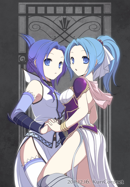 10s, 1girl, 2011, 2girls, :o, alternate_hair_color, blue_eyes, blue_hair, bracelet, dated, detached_sleeves, dual_persona, estpolis:_the_lands_cursed_by_the_gods, estpolis_denki, estpolis_denki_ii, grey_background, hair_up, high_ponytail, interlocked_fingers, jewelry, kuricoronet, looking_at_viewer, lufia, multiple_girls, ponytail, selan, shoulder_pads, side_slit, thighhighs, time_paradox, white_thighhighs