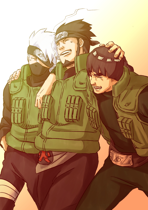 3boys, ami_(greeneyes37), beard, black_hair, facial_hair, forehead_protector, hatake_kakashi, male_focus
