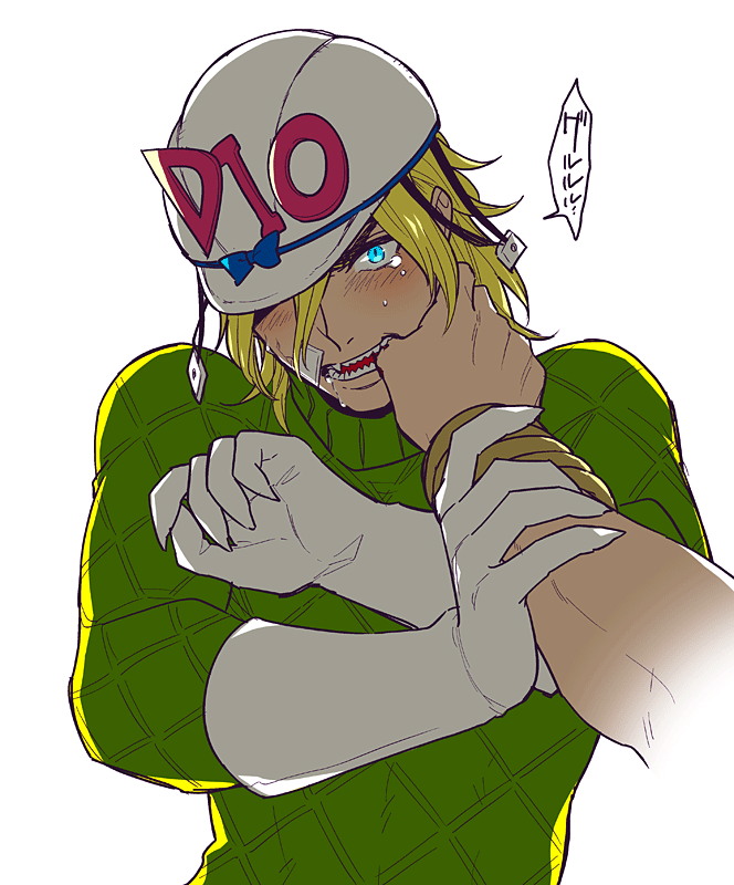 1boy, biting, blonde_hair, blood, bracelet, diego_brando, fangs, finger_in_another's_mouth, gloves, green_shirt, hat, jewelry, jojo_no_kimyou_na_bouken, saliva, shirt, sokka_(kbs), solo_focus, steel_ball_run, sweater, tears