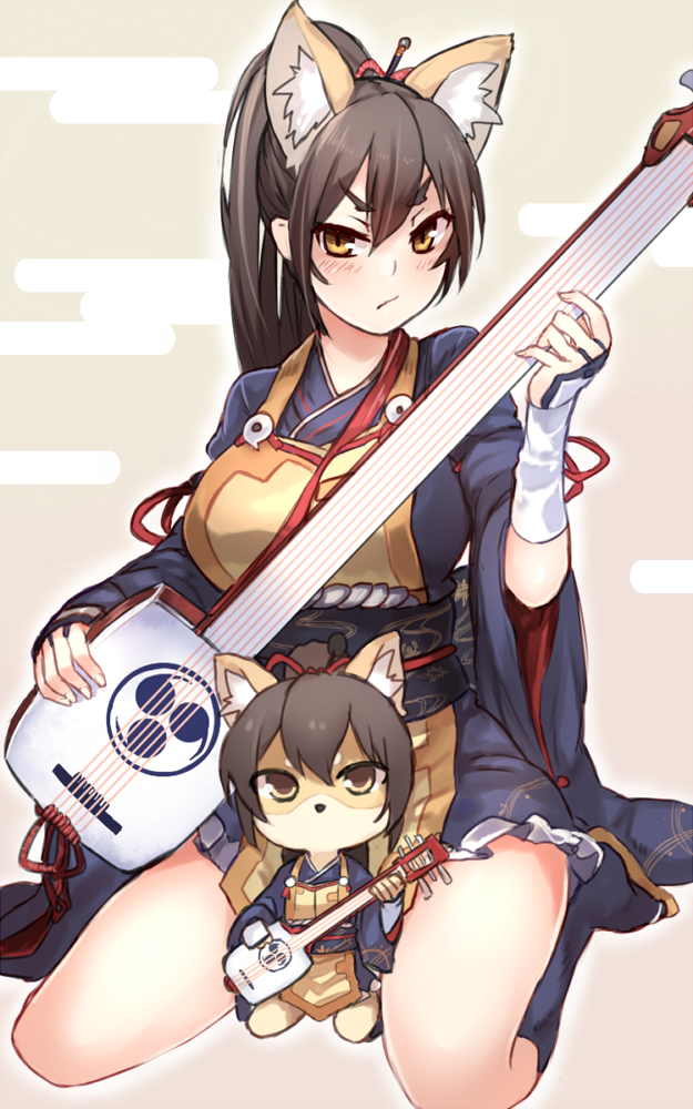 10s, 1girl, a_(myumon)_(show_by_rock!!), a_(show_by_rock!!), animal_ears, blush, colored_eyelashes, female_focus, fox_ears, ganesagi, instrument, japanese_clothes, kimono, long_hair, music, obi, playing_instrument, ponytail, sash, short_kimono, show_by_rock!!, sitting, solo