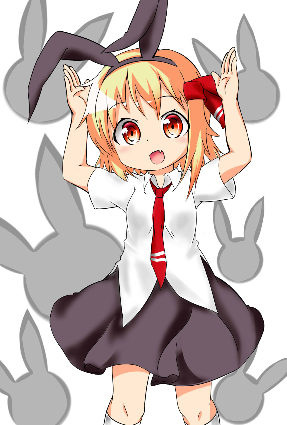 1girl, :d, animal_ears, animal_print, blonde_hair, fake_animal_ears, fang, female_focus