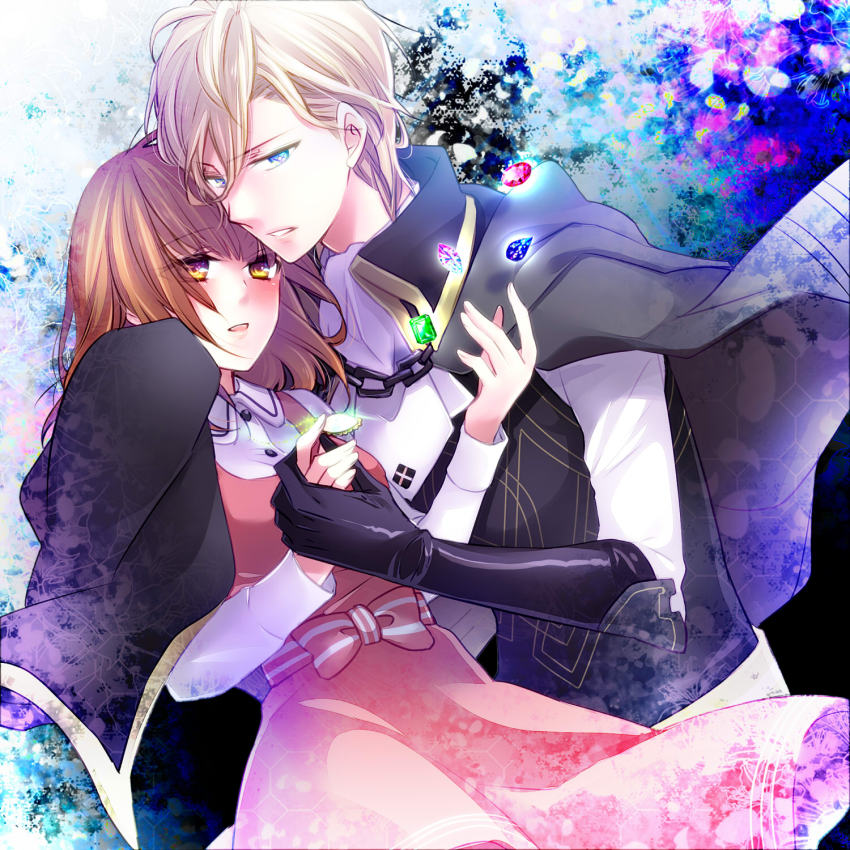 1boy, 1girl, adamas_(jewelic_nightmare), bad_id, bad_pixiv_id, bishounen, black_gloves, blonde_hair, blue_background, blue_eyes, blue_gem, bow, brown_hair, cape, gem, gloves, green_gem, hetero, highres, holding_hands, jewelic_nightmare, pink_bow, pink_skirt, red_gem, short_hair, skirt, sumeragi_seiichirou, tsukishiro_michiru, yamika, yellow_eyes