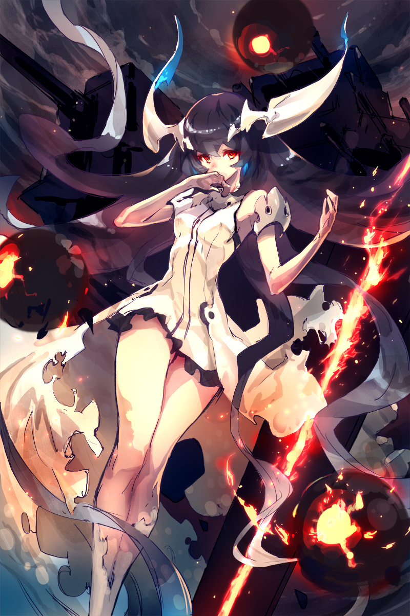 10s, 1girl, abyssal_ship, anchorage_water_oni, bare_shoulders, black_hair, colored_skin, covering_own_mouth