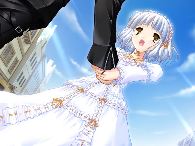 1boy, 1girl, accurate_lolita_coord, blue_sky, blush, cloud, dress, dutch_angle, frills, game_cg, gothic_lolita, hairband, happy, hetero, holding_hands, lolita_fashion, miu_(triptych), nayuta_(triptych), nimura_yuuji, open_mouth, outdoors, petite, saiga_(company), short_hair, sky, smile, solo_focus, triptych, white_hair, yellow_eyes