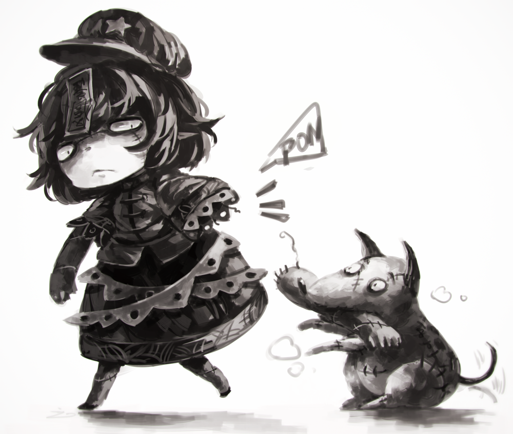 1girl, dismemberment, dog, frankenweenie, hat, koto_inari, miyako_yoshika, monochrome