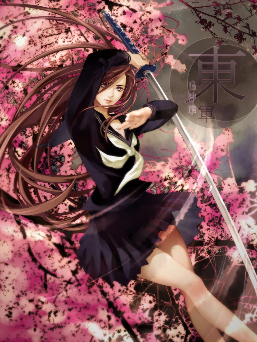 1girl, bad_id, bad_pixiv_id, black_serafuku, brown_hair, cherry_blossoms, eriya-j, female_focus