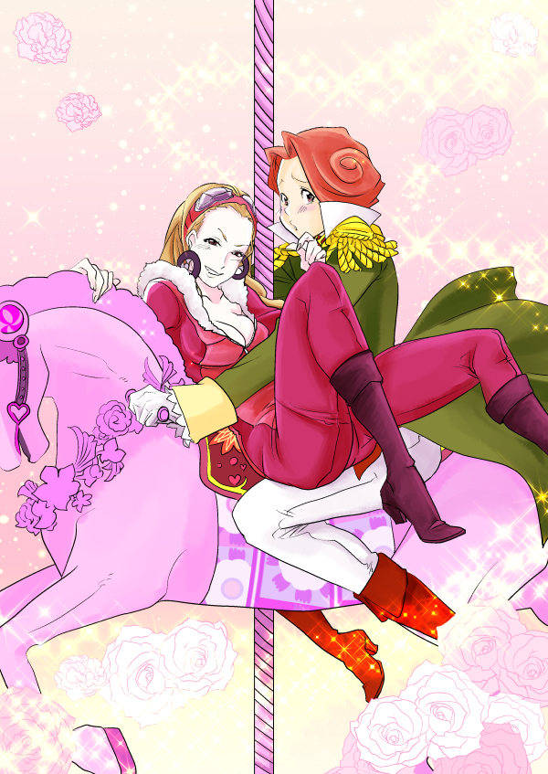 1boy, 1girl, :o, ace_attorney, belt, boots, breasts, carousel
