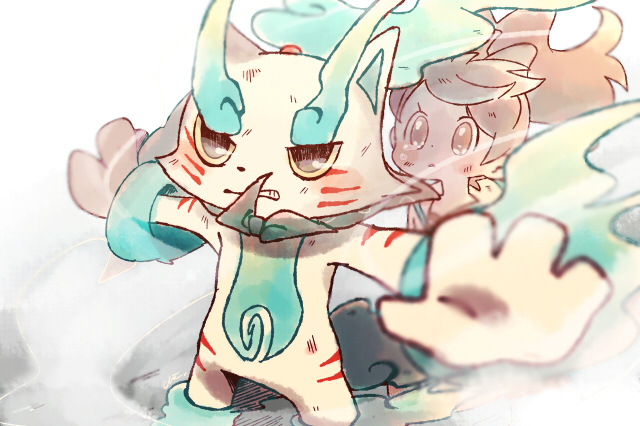 10s, 1girl, blurry, blush, brown_hair, chiyoko_(oman1229), clenched_teeth, depth_of_field, furoshiki, kodama_fumika, long_hair, ponytail, shishikoma, standing, tears, teeth, traditional_youkai, youkai_watch