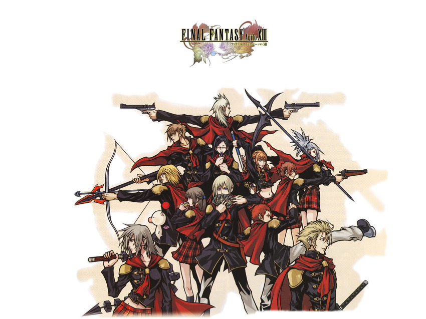 6+boys, 6+girls, ace_(fft-0), black_hair, blonde_hair, blue_eyes, bow_(weapon), braid