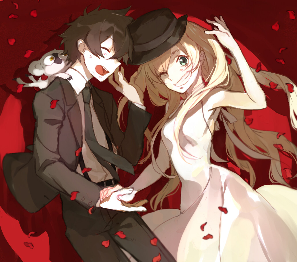 1boy, 1girl, blonde_hair, brown_hair, dress, green_eyes, grin, hat, kekkai_sensen, kittyon03, leonardo_watch, long_hair, necktie, one_eye_closed, short_hair, smile, sonic_speed_monkey, twintails, white_(kekkai_sensen), white_dress