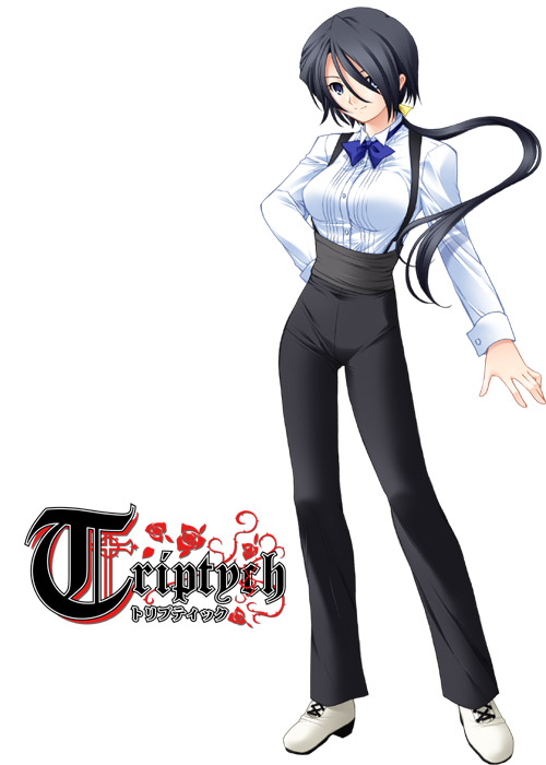 1girl, aona_masao, bartender, black_hair, blue_eyes, bow, bowtie, breasts, buttons, collared_shirt, contrapposto, copyright_name, cross-laced_footwear, crossdressing, crossdressing_(ftm), female_focus, floating_hair, flower, full_body, hair_over_one_eye, hair_ribbon, hand_on_own_hip, hanon_(triptych), high_heels, large_breasts, light_smile, logo, long_hair, long_sleeves, looking_at_viewer, low_ponytail, maid, nimura_yuuji, official_art, pants, plant, ponytail, ribbon, saiga_(company), sash, shirt, shoes, simple_background, sleeve_cuffs, smile, solo, standing, suspenders, triptych, very_long_hair, vines, white_background, white_shirt