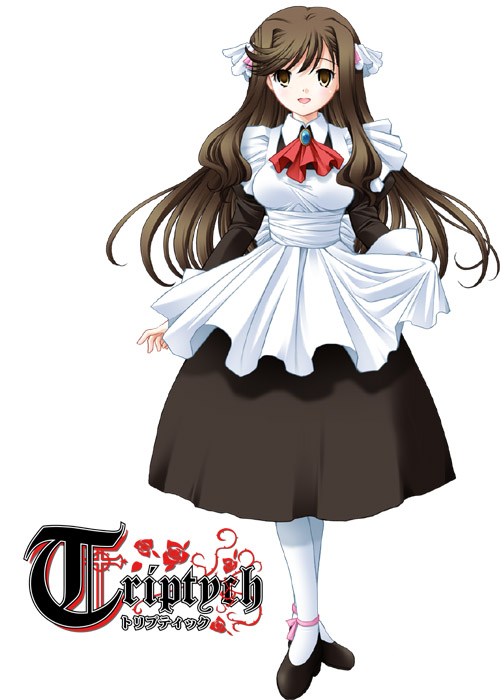 1girl, breasts, brown_hair, female_focus, large_breasts, long_hair, looking_at_viewer, maid