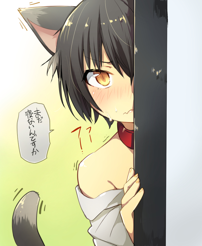 1boy, animal_ears, aobe_mahito, bare_shoulders, black_hair, blush, cat_ears, cat_tail