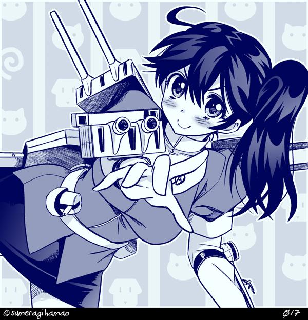 >:), 1girl, ahoge, alternate_costume, alternate_hairstyle, blue_theme, cannon, commentary_request