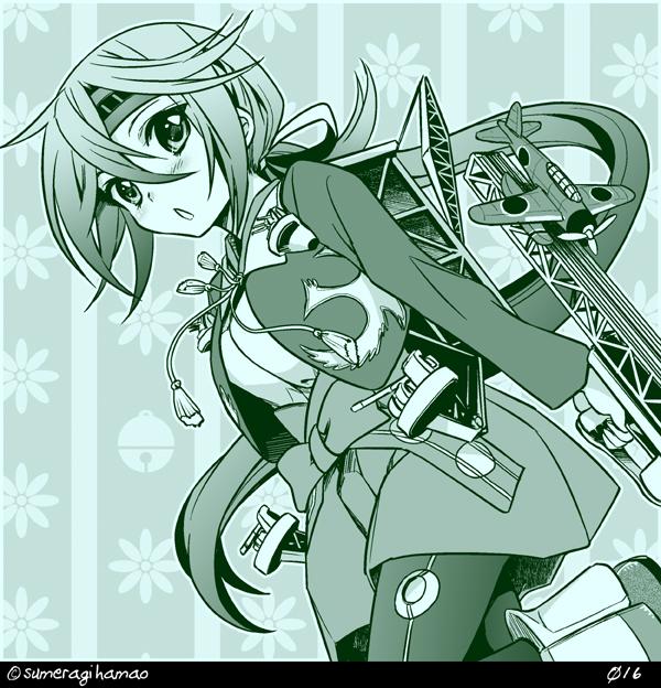 1girl, aircraft, airplane, akebono_(kancolle), alternate_costume, alternate_hairstyle, cannon, chitose_(kancolle), chitose_(kancolle)_(cosplay), commentary_request, cosplay, female_focus, green_theme, headband, kantai_collection, looking_at_viewer, monochrome, numbered, ponytail, rigging, ship_turret, skirt, solo, sumeragi_hamao, twitter_username, uniform