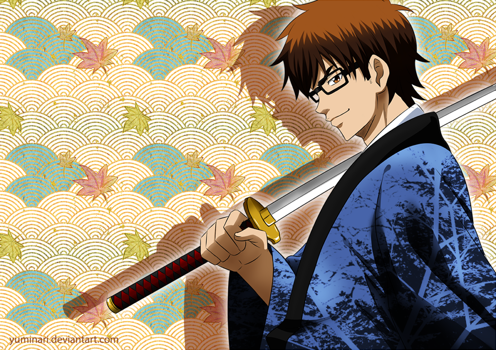 1boy, ace_of_diamond, artist_name, brown_eyes, brown_hair, glasses, katana, leaf, male_focus, miyuki_kazuya, over_shoulder, profile, seigaiha, solo, sword, watermark, weapon, yuminari