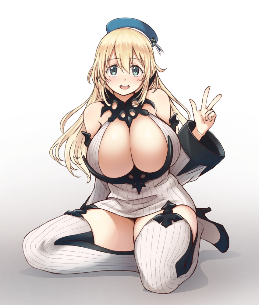 1girl, atago_(kancolle), bare_shoulders, blonde_hair, blush, breasts, cleavage, cosplay