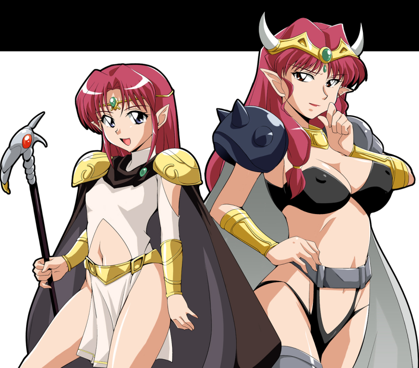 2girls, :d, age_difference, armor, azalyn_(musekinin_kanchou_tylor), bandeau, belt, bikini