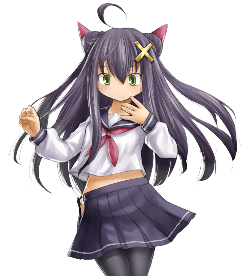 1girl, ahoge, black_hair, black_thighhighs, blush, character_request, cowboy_shot, cross_hair_ornament