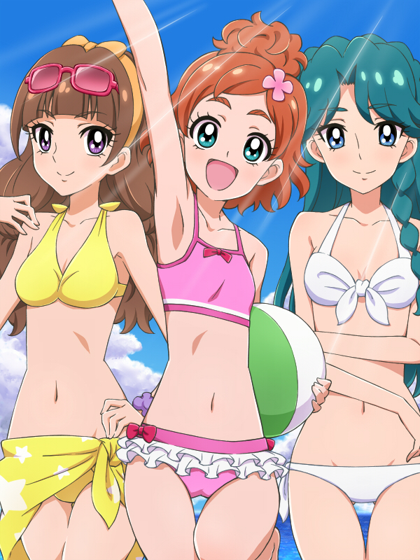 3girls, amanogawa_kirara, aqua_eyes, ball, beachball, bikini, blue_eyes, blue_hair