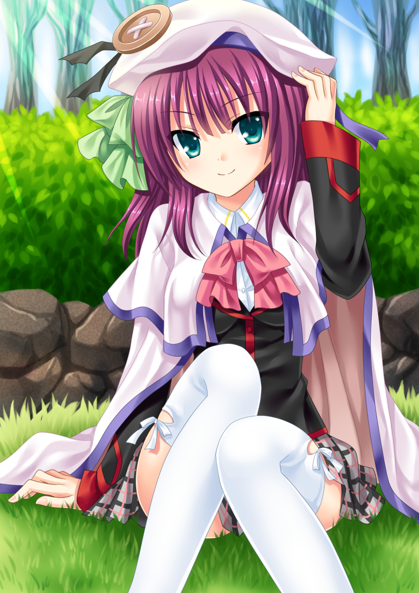 1girl, angel_beats!, bush, cape, company_connection, cosplay, female_focus, grass, green_eyes, hat, highres, key_(company), light_rays, little_busters!, long_hair, nakamura_yuri, noumi_kudryavka, noumi_kudryavka_(cosplay), plaid_clothes, plaid_skirt, purple_hair, school_uniform, sitting, skirt, smile, solo, soraeda, stone, sunbeam, sunlight, thighhighs, tree