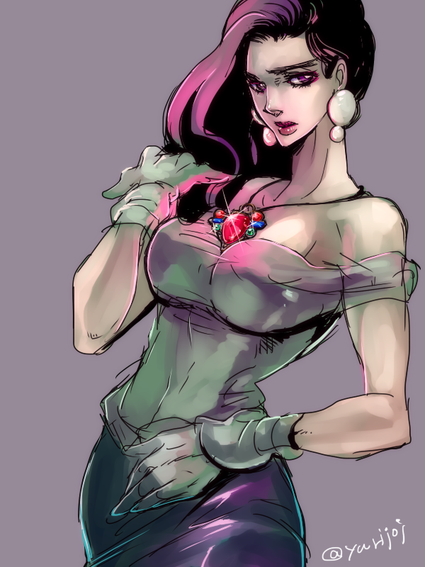 1girl, bare_shoulders, breasts, earrings, female_focus, gloves, jewelry, jojo_no_kimyou_na_bouken
