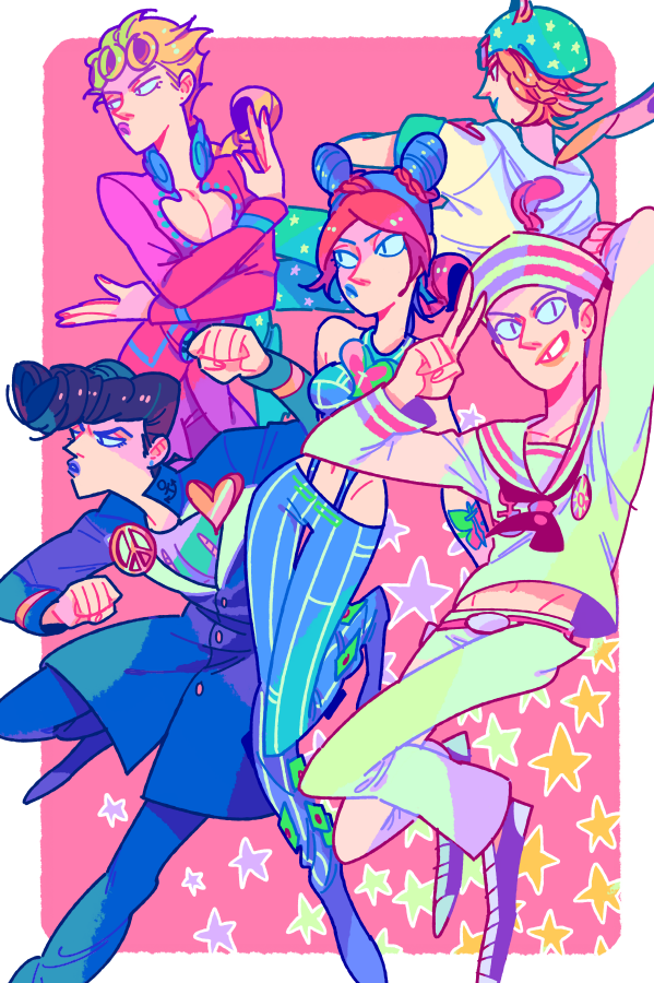 1girl, 4boys, 6hours_(fancycars), :d, anchor, anchor_symbol, badge, belt