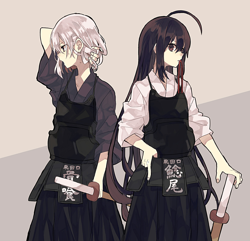 10s, 2boys, ahoge, aizawa_mota, alternate_costume, black_hair, bokken, bougu