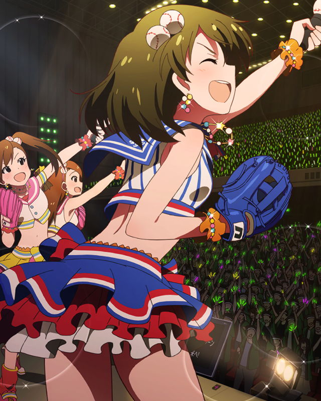 10s, 3girls, artist_request, baseball, baseball_glove, baseball_hair_ornament, bracelet, brown_hair