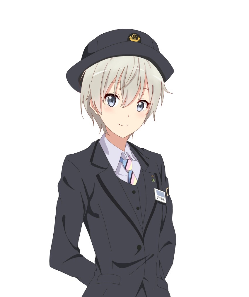 10s, 1boy, androgynous, arms_behind_back, blue_eyes, dress_shirt, female_service_cap, formal_clothes