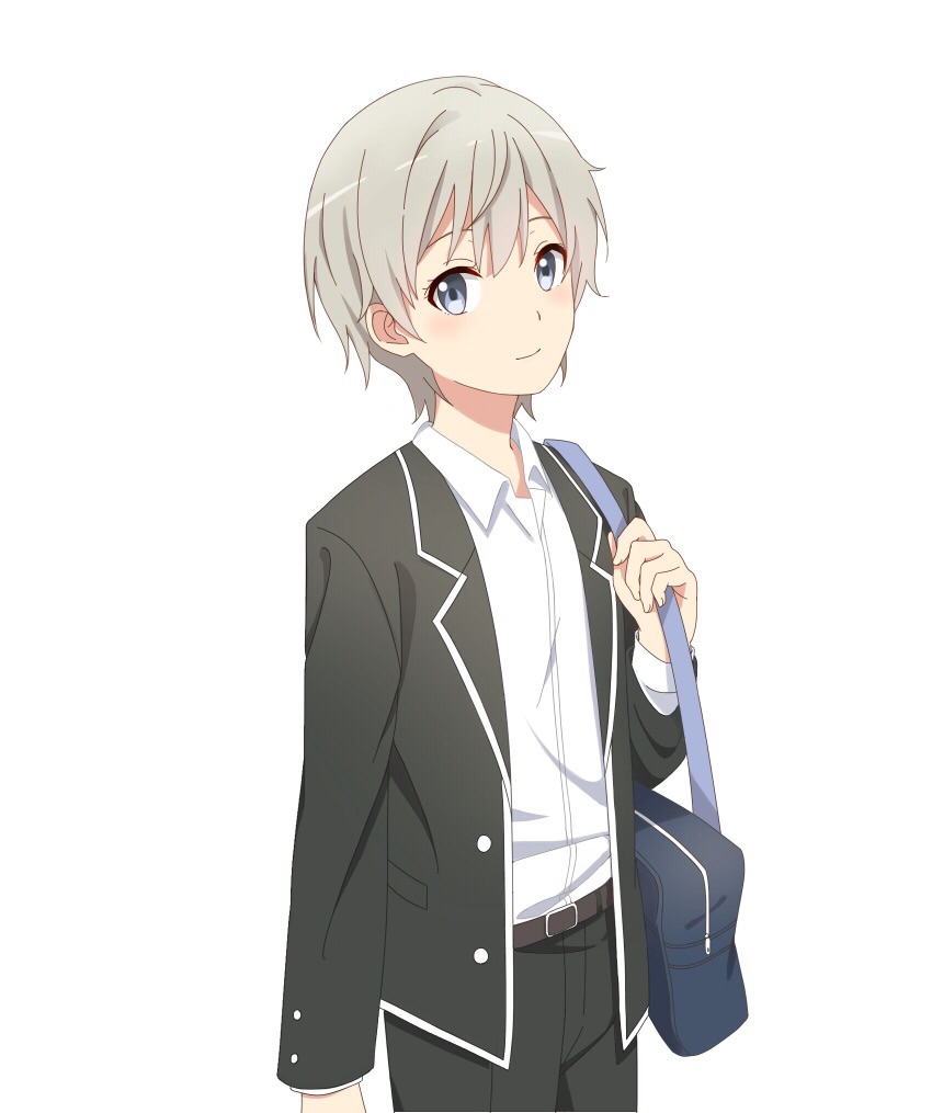 10s, 1boy, bag, belt, blue_eyes, dress_shirt, formal_clothes, jacket