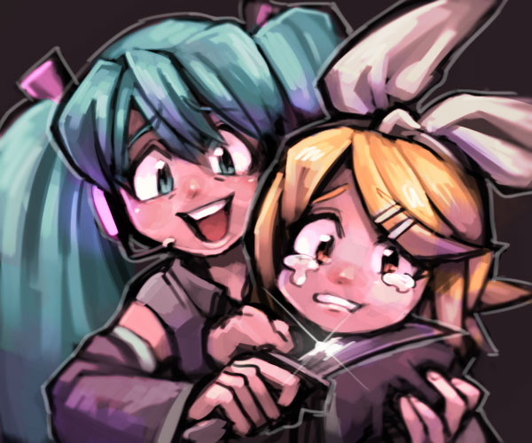 2girls, aqua_eyes, aqua_hair, arms_around_neck, bad_id, bad_pixiv_id, blonde_hair, commentary_request, detached_sleeves, evil_smile, hair_ornament, hair_ribbon, hairclip, hatsune_miku, kagamine_rin, knife, blade_to_throat, laughing, looking_at_viewer, multiple_girls, ribbon, sanjiro, sanjiro_(tenshin_anman), scared, short_hair, smile, tears, twintails, vocaloid, yandere, yellow_eyes