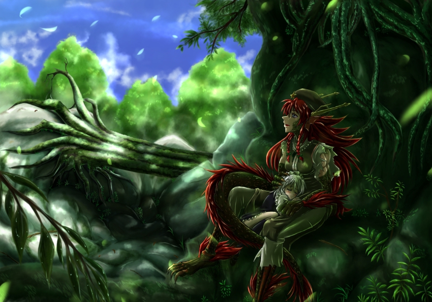 2girls, animal_ears, beret, blue_eyes, blue_legwear, blue_sky, braid, chinese_clothes, closed_eyes, cloud, day, dragon_ears, dragon_girl, dragon_tail, facing_away, fetal_position, fins, futagojima, hand_on_another's_head, hat, head_fins, hong_meiling, hong_meiling_(dragon), izayoi_sakuya, kemonomimi_mode, kneehighs, lap_pillow, long_hair, looking_up, maid_headdress, monster_girl, multiple_girls, outdoors, parted_lips, plant_roots, red_hair, silver_hair, sitting, sky, smile, socks, star_(symbol), tail, torn_clothes, touhou, tree, twin_braids