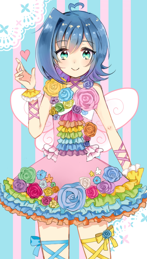 10s, 1boy, ahoge, aqua_eyes, bad_id, bad_pixiv_id, blue_hair, blush, cardfight!!_vanguard, crossdressing, crossdressing_(mtf), daisy_(flower), dress, dress_flower, flower, heart, heart_ahoge, male_focus, open_mouth, sendou_aichi, shimotsuki_(ichiruki), short_hair, smile, solo, trap, wings