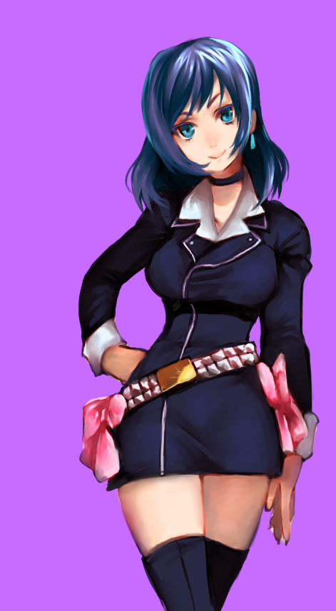 10s, 1girl, belt, black_thighhighs, blue_eyes, blue_hair, breasts, cardfight!!_vanguard, choker, dress, earrings, female_focus, jewelry, large_breasts, long_hair, mature_female, narumi_asaka, sendou_shizuka, simple_background, smile, solo, thighhighs, torikawa_(tori1002)