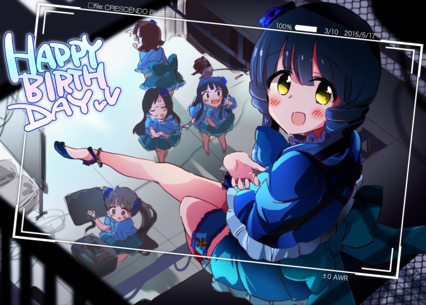10s, 5girls, bad_id, bad_pixiv_id, birthday, blue_dress, blue_hair, cabocha8