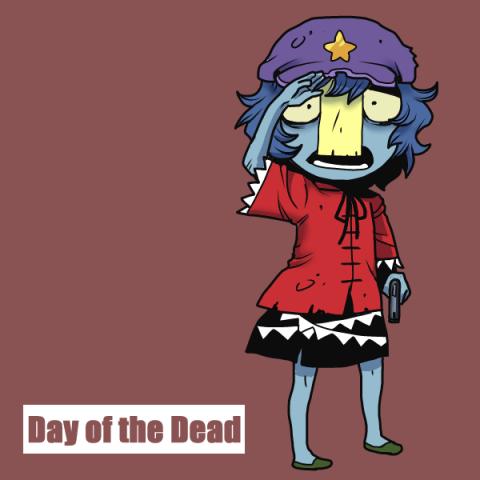 1girl, blue_hair, colored_skin, day_of_the_dead_(movie), female_focus, grey_skin, gun, handgun, hat, lowres, miyako_yoshika, ofuda, onikobe_rin, open_mouth, salute, short_hair, solo, touhou, weapon, zombie